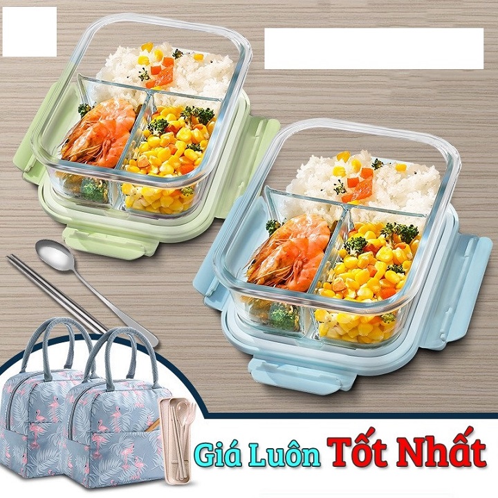 Hộp đựng cơm văn phòng bằng thủy tinh 1000ml 3 ngăn chống tràn dùng cho lò vi sóng