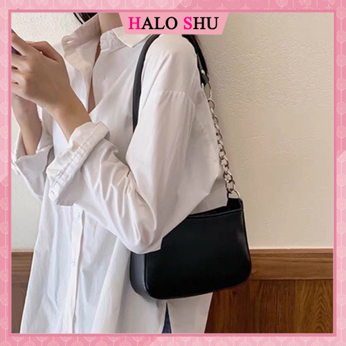 Túi xách nữ, túi cắp nách, túi đeo chéo phối xích Hàn Quốc HALO SHU size 20 mã CN034 đen trắng