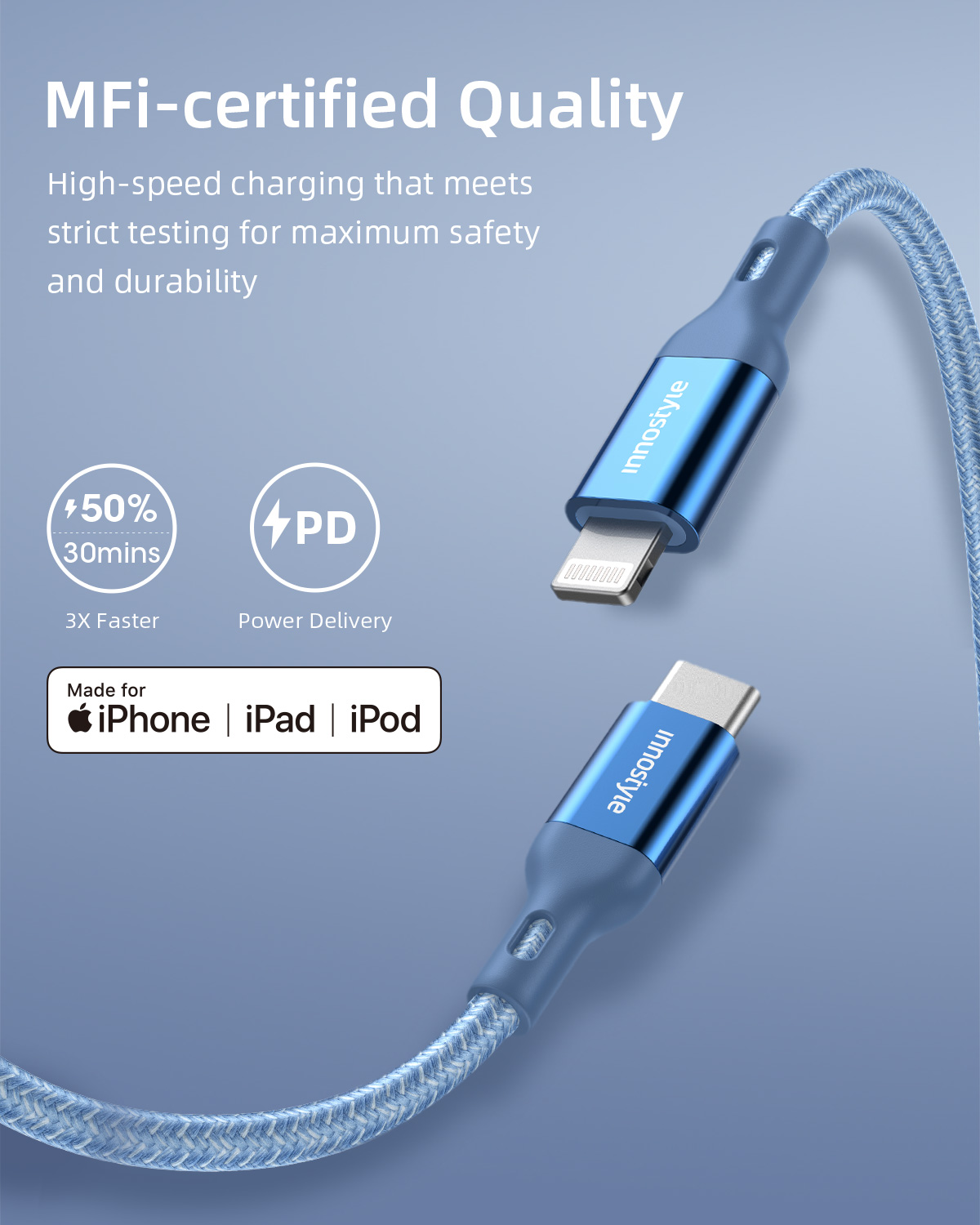 Cable sạc PowerFlex C to Light ning INNOSTYLE dành cho iPhone/iPad, Nhiều Màu - Hàng chính hãng