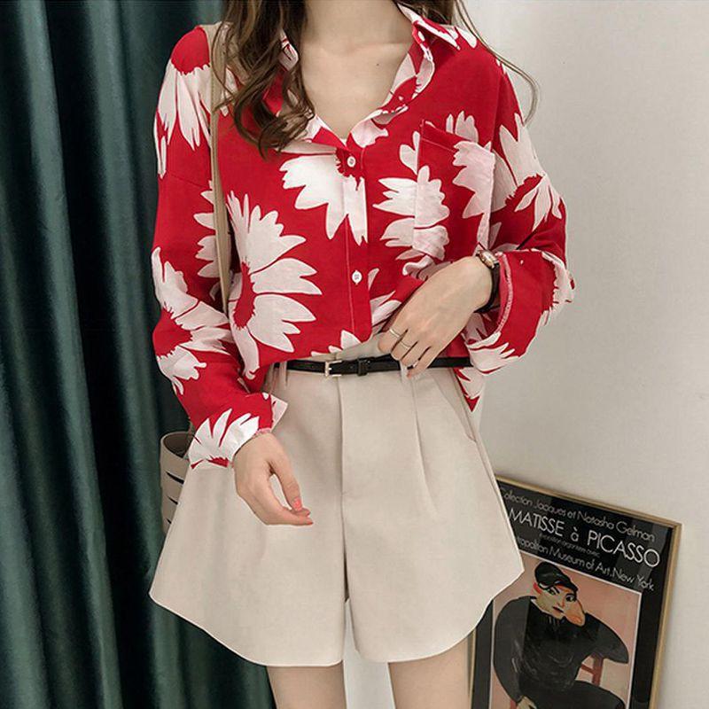 Áo kiểu vải voan cổ chữ V họa tiết dễ thương phong cách Vintage thời trang nữ