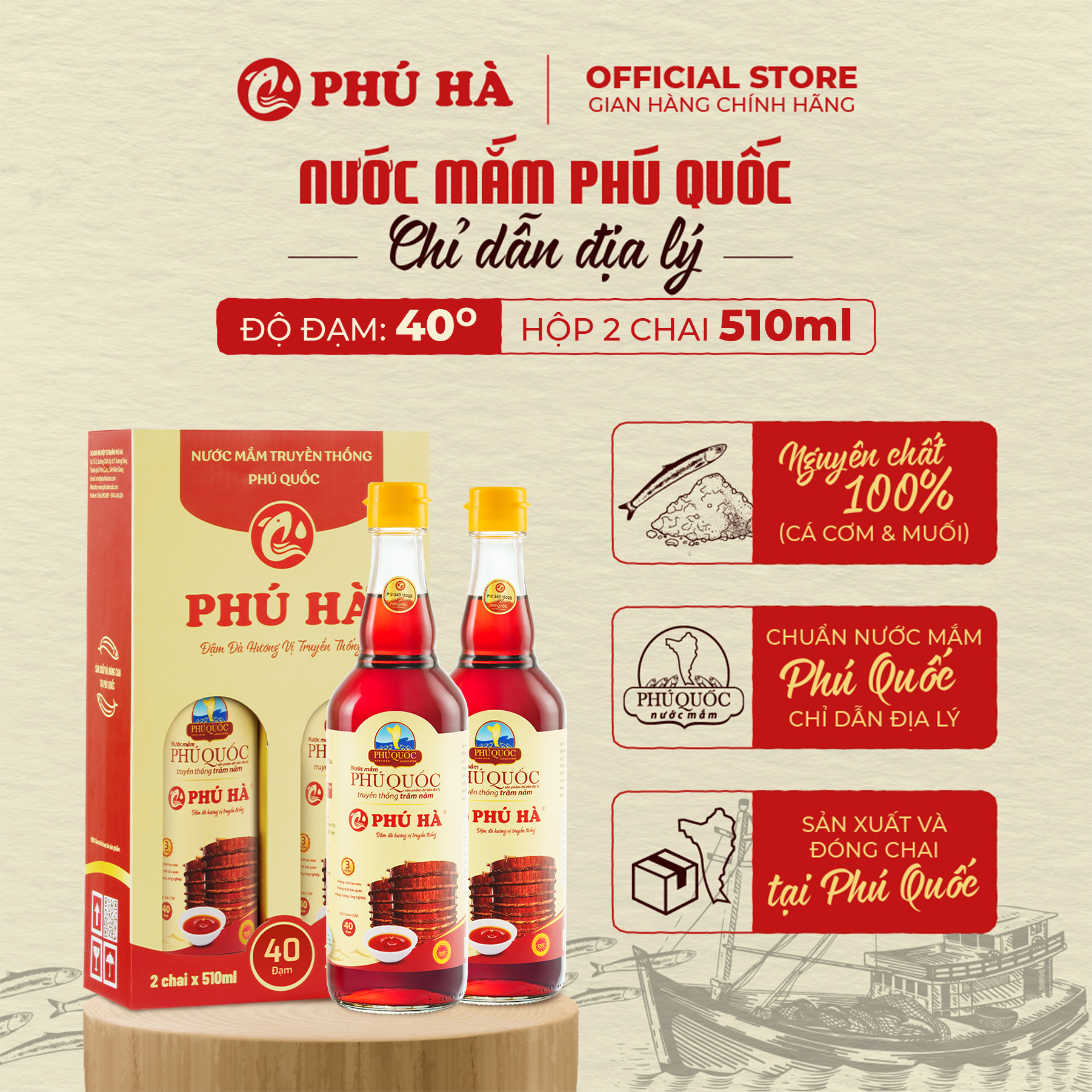 Nước mắm Phú Quốc Chỉ Dẫn Địa Lý Phú Hà 40 độ đạm - Hộp 2 chai 510ml
