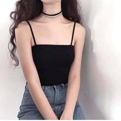 Áo Croptop Ngang Eo Nữ Màu Đen 2 Dây Thun Gân Dày Thoitrang24h