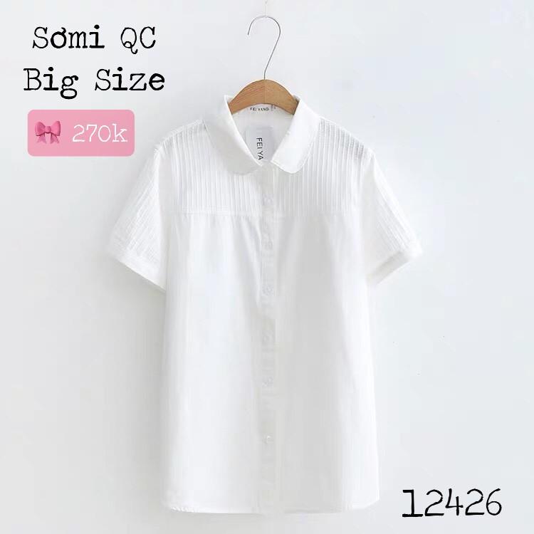 12426 Sơmi BIG SIZE tay ngắn trắng trơn - vai xếp li- Sơ mi công sở