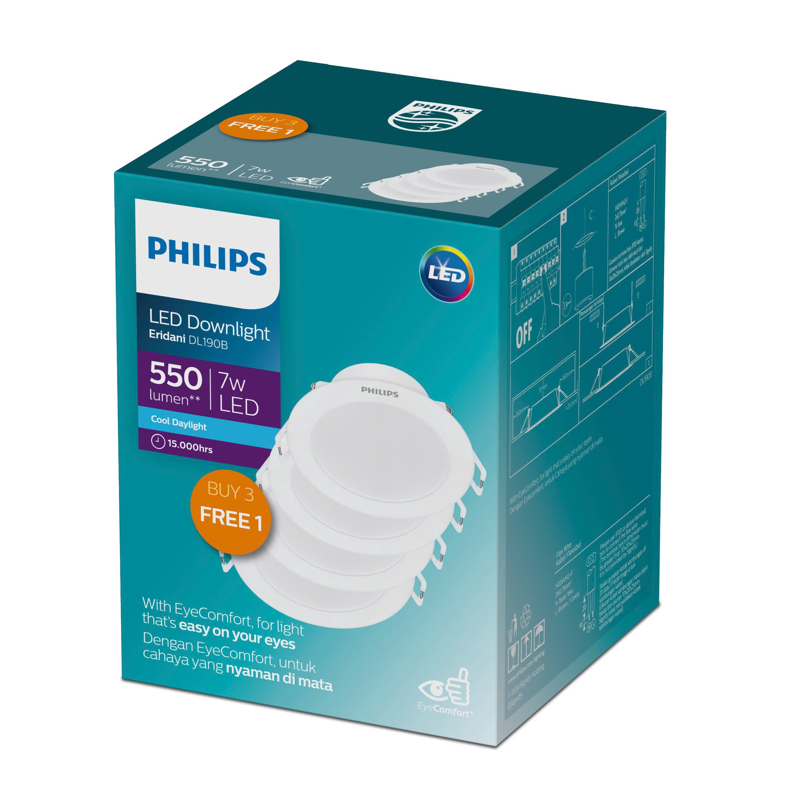 Bộ 04 bóng đèn âm trần Philips LED Eridani hiệu suất ánh sáng cao - Công suất (7W, 10W), ánh sáng trắng