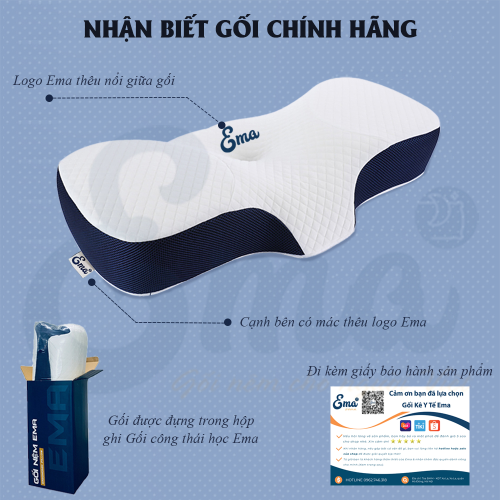 Gối cao su non công thái học chống đau vai ngáy, ngủ ngáy, hỗ trợ ngủ nhanh EMA- Thiết kế riêng biệt cho tư thế nằm ngửa và nằm nghiêng