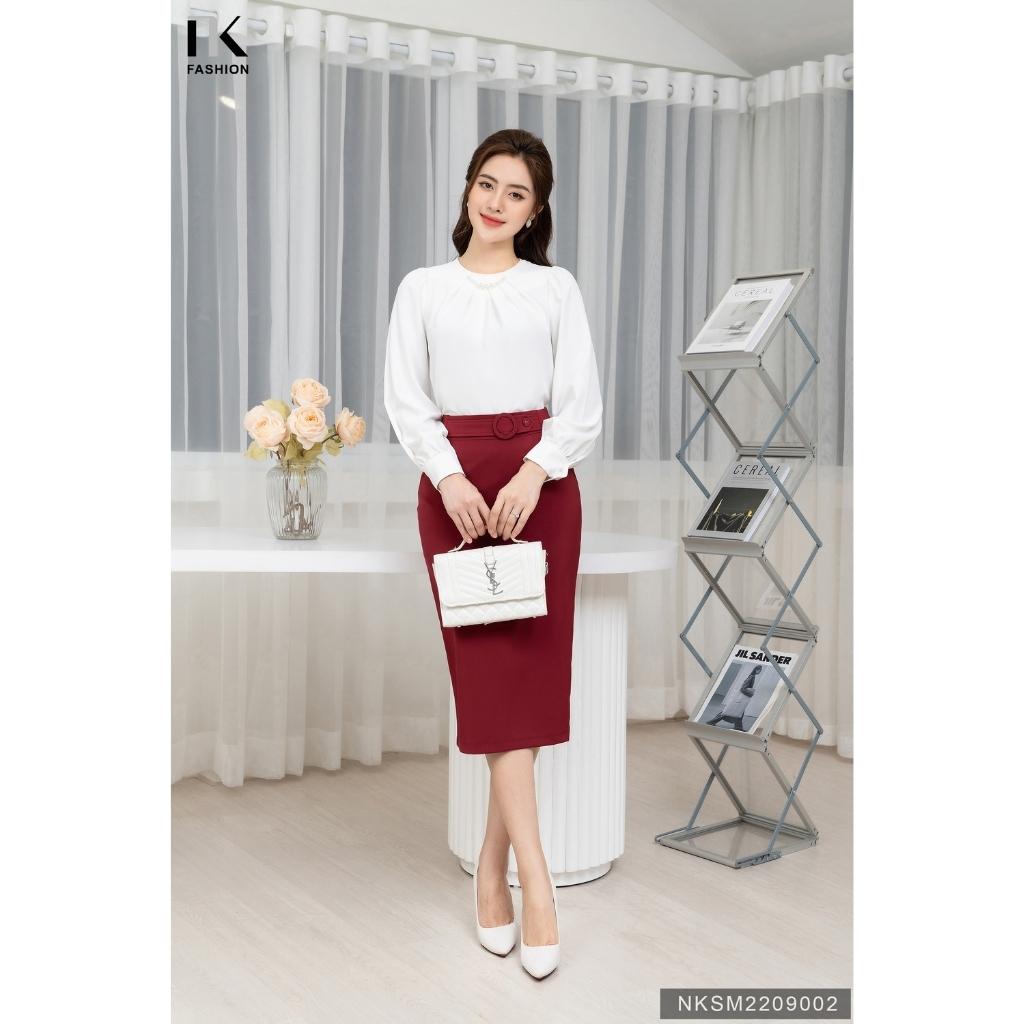 Áo Sơ Mi Công Sở Dài Tay Cổ Đính Dây Ngọc NK FASHION Chất Vải Lụa Hàn Cao Cấp, Mềm Mại NKSM2209002