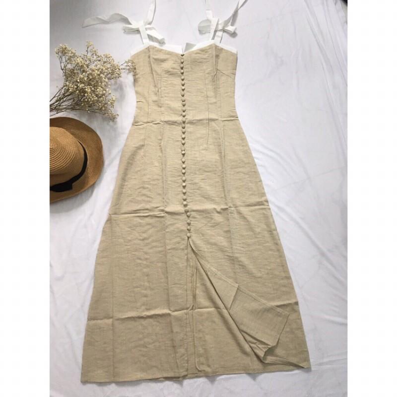 Đầm maxi nude phối trắng cột nơ vai