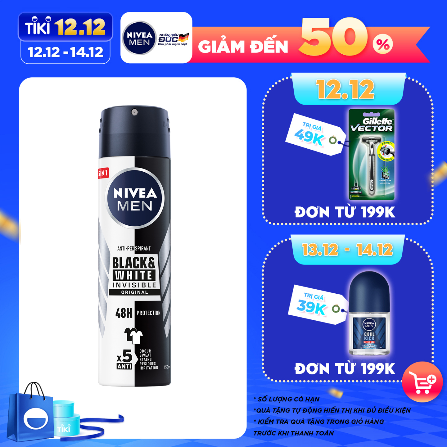 Xịt Ngăn Mùi NIVEA MEN Black&amp;White Ngăn Vệt Ố Vàng Vượt Trội - Hương Nhẹ Nhàng (150 ml) - 82241