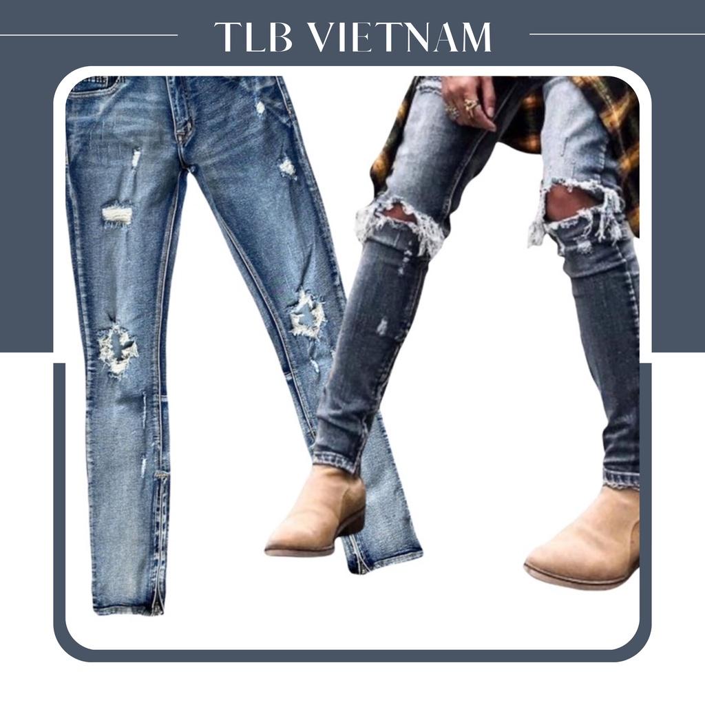 Quần Jean Nam TLB Xanh Blue Rách Gối Gắn Zipper YKK Khoá Kéo Ống Wash Màu Cực Đẹp