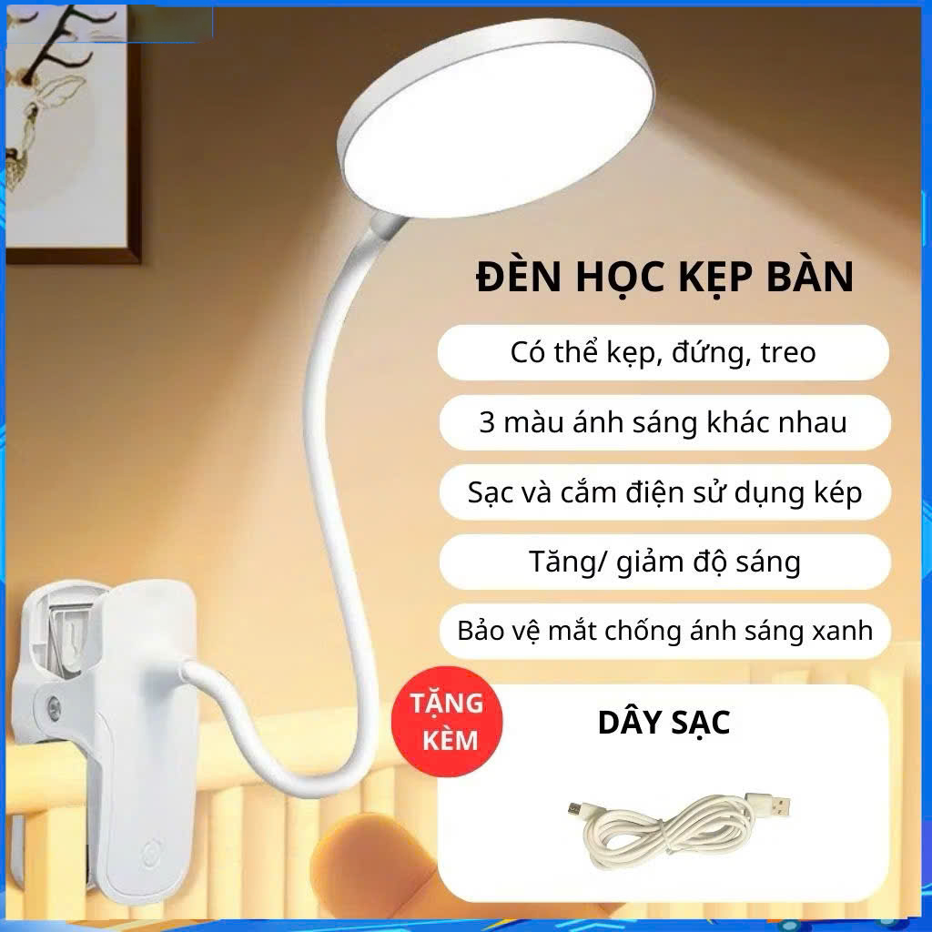 Đèn bàn LED đèn học kẹp bàn để bàn treo giá sách cảm ứng có 3 chế độ sáng bảo vệ mắt tiết kiệm điện chống ánh sáng xanh - Hàng chính hãng