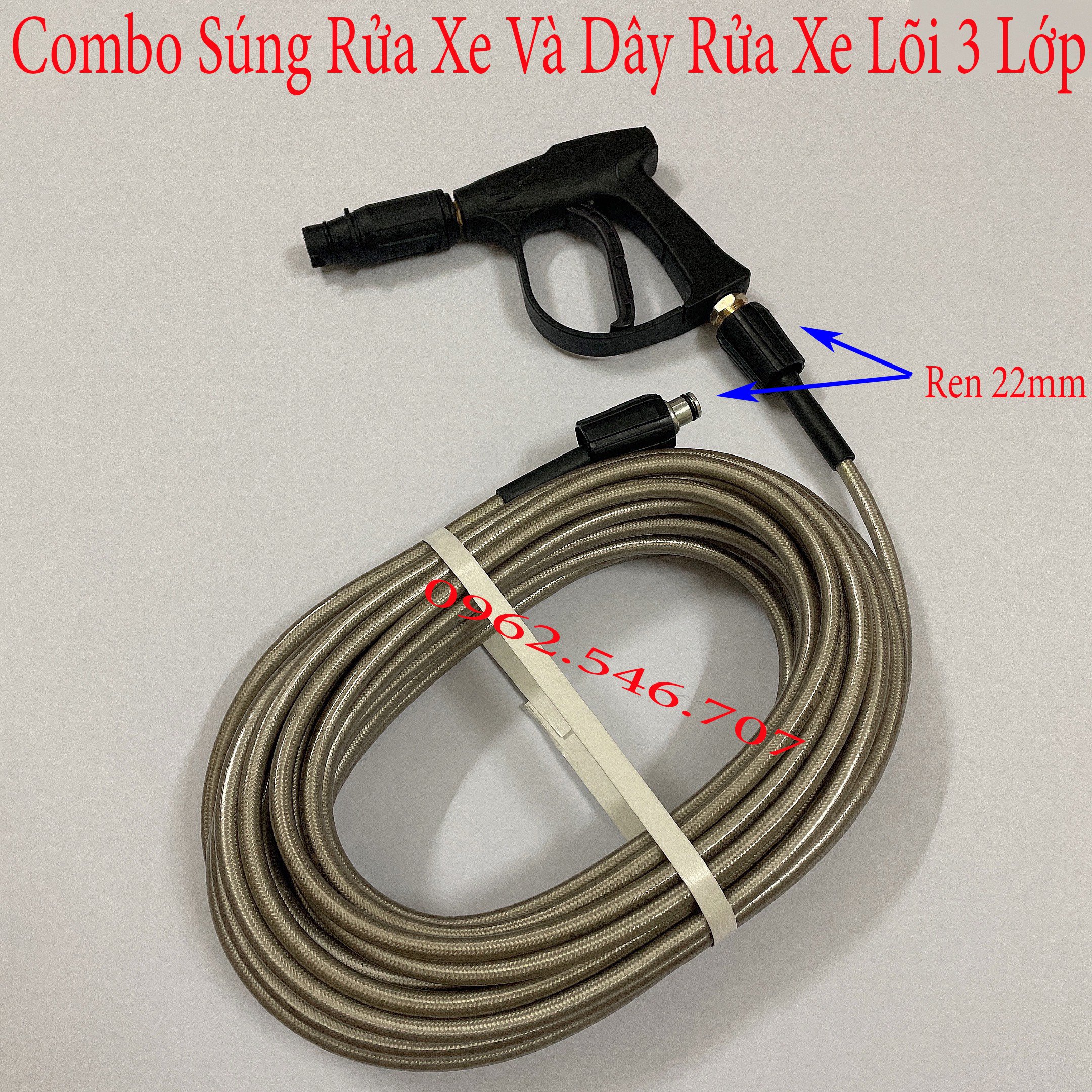 Bộ 10m-15m-20M-30M dây rửa xe áp lực cao và súng xịt  - Súng xịt rửa xe áp lực cao ( Ren 22mm - 22mm )