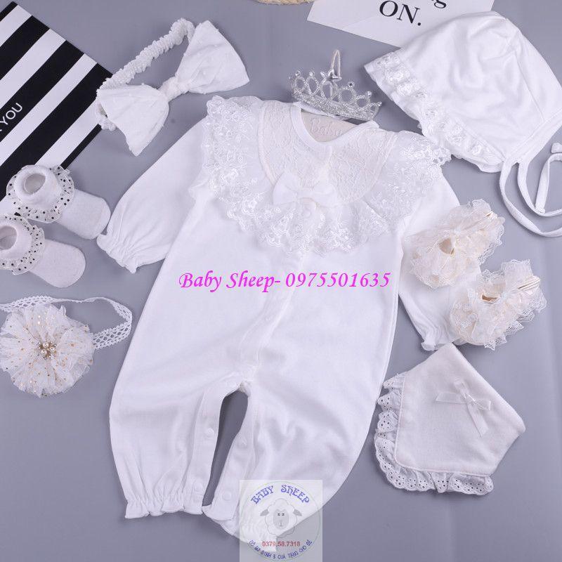 HÀNG CAO CẤP- Body ren nơ cotton dài tay dài chân kèm mũ ren cho bé sơ sinh đầy tháng