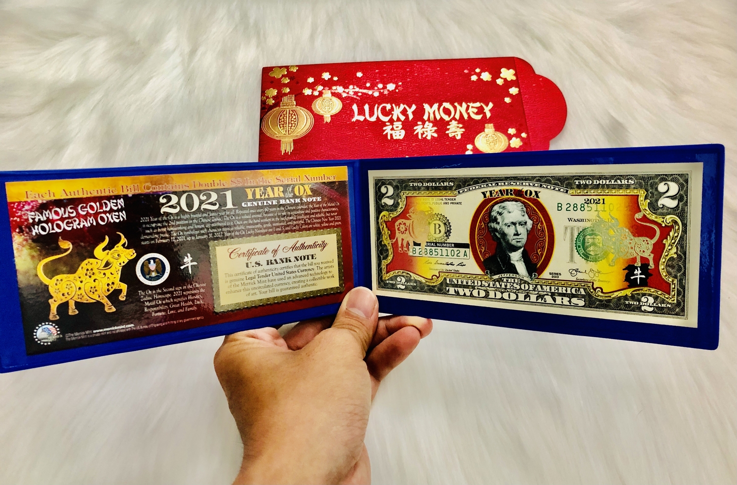 COMBO 3 Bao Lì Xì Tiền 2 USD Hình Con Trâu 2021 hình Trâu Vàng Lucky Money bao da xanh - The Merrick Mint