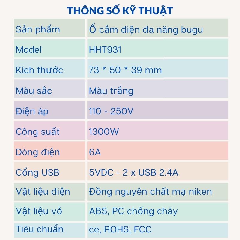 Ổ Cắm Du Lịch Đa Năng Thông Minh Phích Cắm Chuyển Đổi Bugu HHT931 - Hàng Chính Hãng