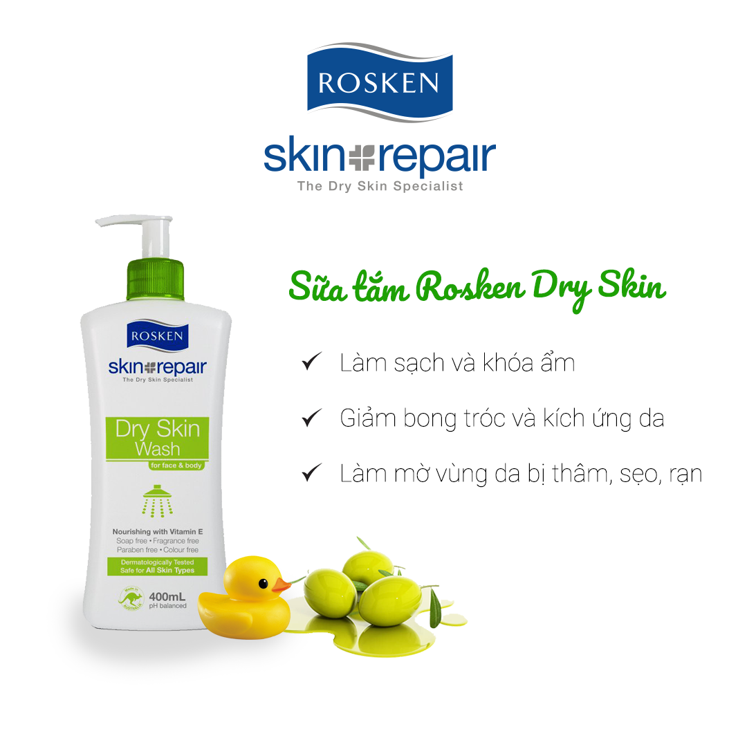 Sữa tắm dưỡng ẩm Rosken Dry Skin Wash 400ml - dành cho da nhạy cảm, da tổn thương hoặc bỏng