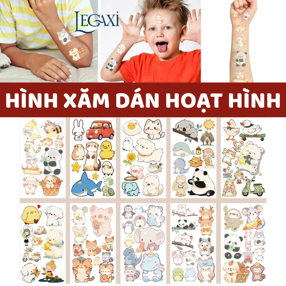 10 Tờ Hình Xăm Dán Tattoo Động Vật Dễ Thương Hình Gấu Thỏ Panda Hamster Hổ Chim Cánh Cụt Hà Mã Hoa Ốc Sên Cho Bé