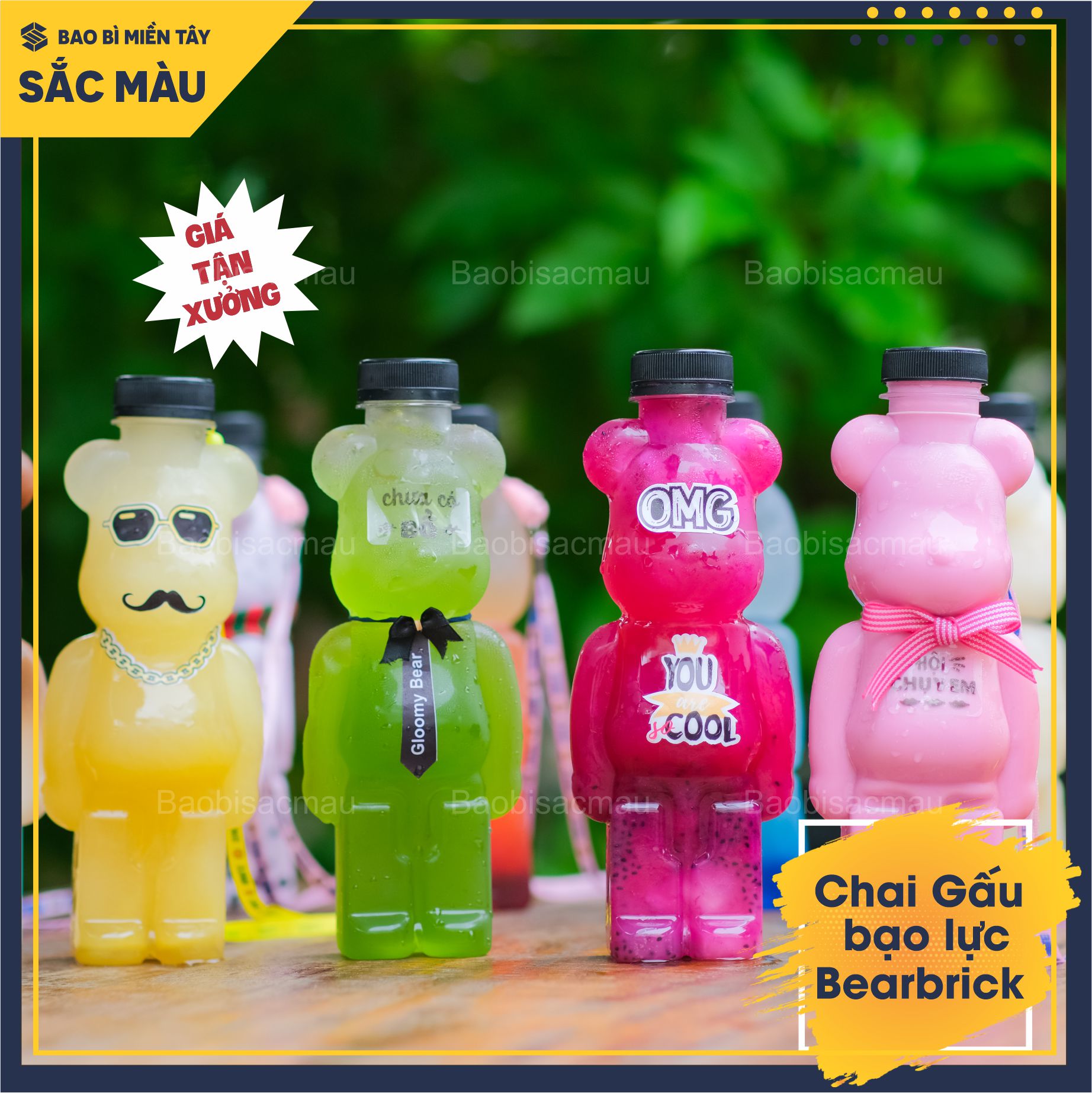 HOT Combo 10 bình nhựa, chai nhựa hình Gấu bạo lực Bearbrick, chai gấu đựng kẹo, chai gấu trà sữa