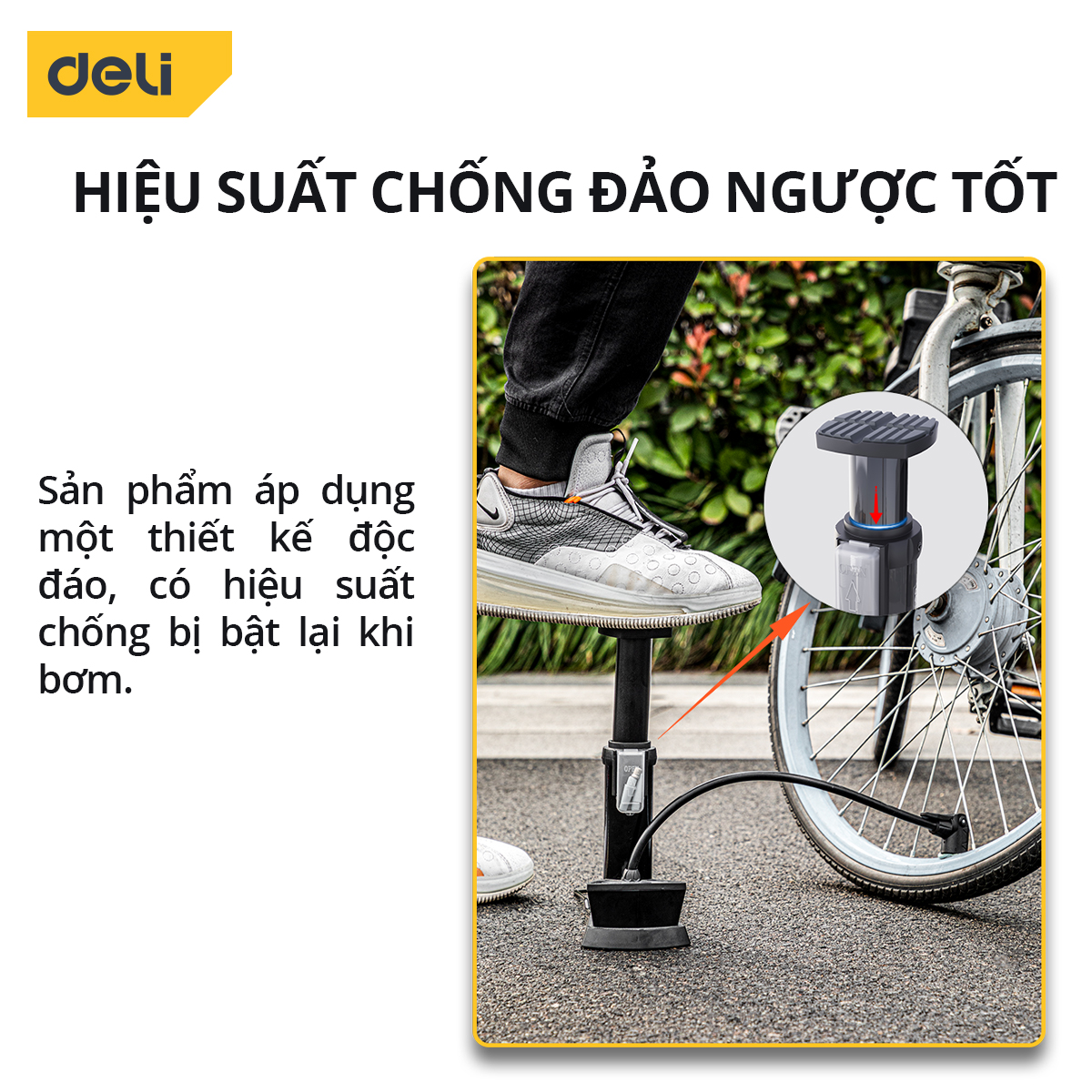 Bơm Xe Đạp Deli Đạp Chân Chính Hãng, Tích Hợp Đồng Hồ Áp Suất, Nhỏ Gọn, Dễ Dàng Mang Theo Tiện Dụng DL880003