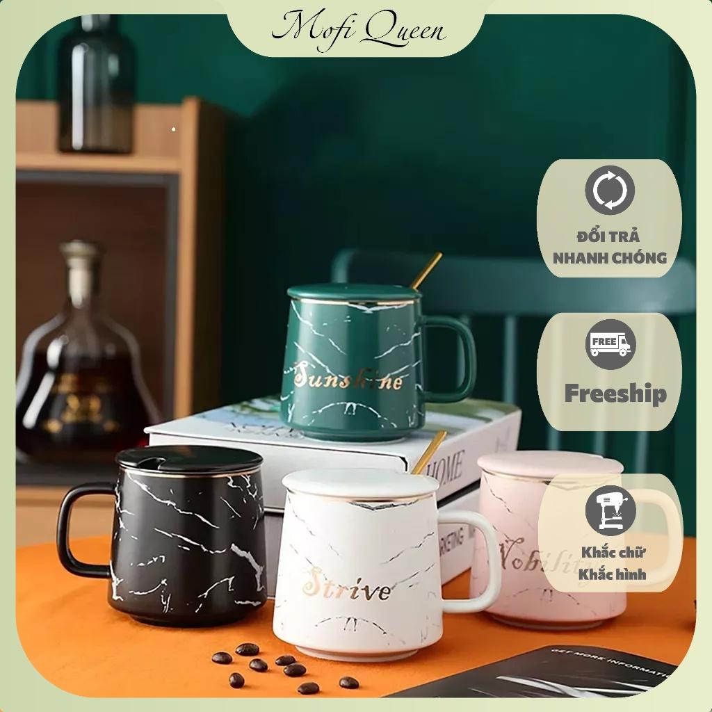 `Cốc uống nước thủy tinh, Ly nước có nắp, cute tết sang trọng kèm muỗng và nắp sứ 360ml