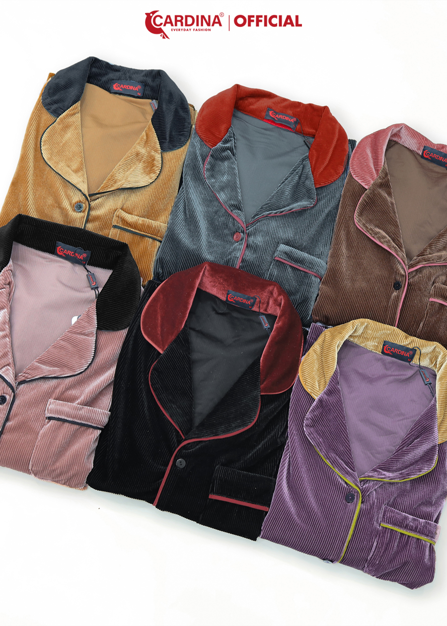 Đồ Bộ Nữ  Pijama Chất Nhung Tăm Cao Cấp Áo Dài Tay Phối Cổ Quần Dài Kiểu Dáng Sang Trọng 1Pi22