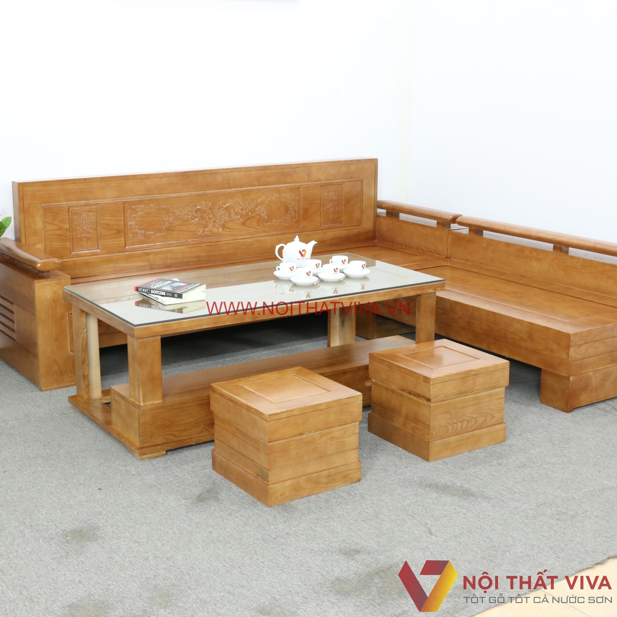 Bộ Sofa Góc Gỗ Sồi Nga Chạm Hoa Văn 5 Món Hiện Đại Bền Đẹp Giá Rẻ