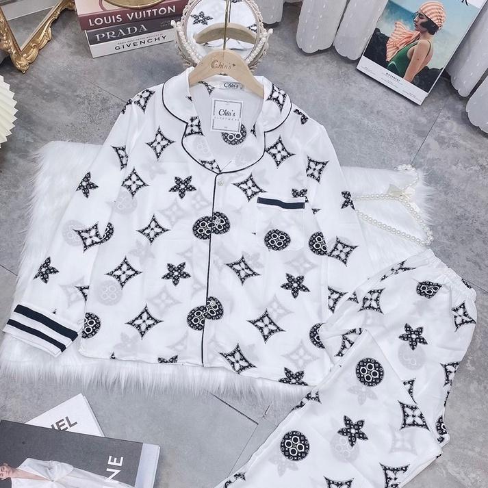 HÀNG CÓ SẴN Đồ bộ nữ PIJAMA ️ Bộ lụa tay dài quần dài ️ họa tiết sang 2 màu trắng hồng và trắng đen