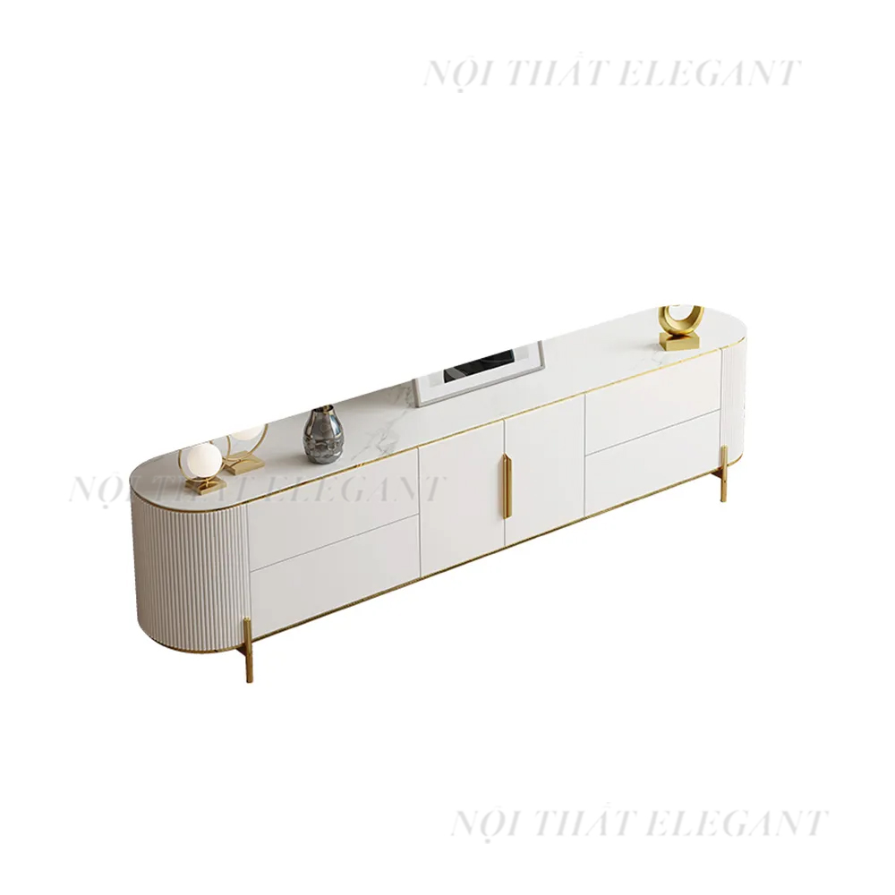 Kệ tivi mặt đá Cẩm thạch cao cấp, kiểu dáng thanh lịch, chân inox mạ titan, có 4 ngăn kéo và 2 cánh mở - EL-TV45