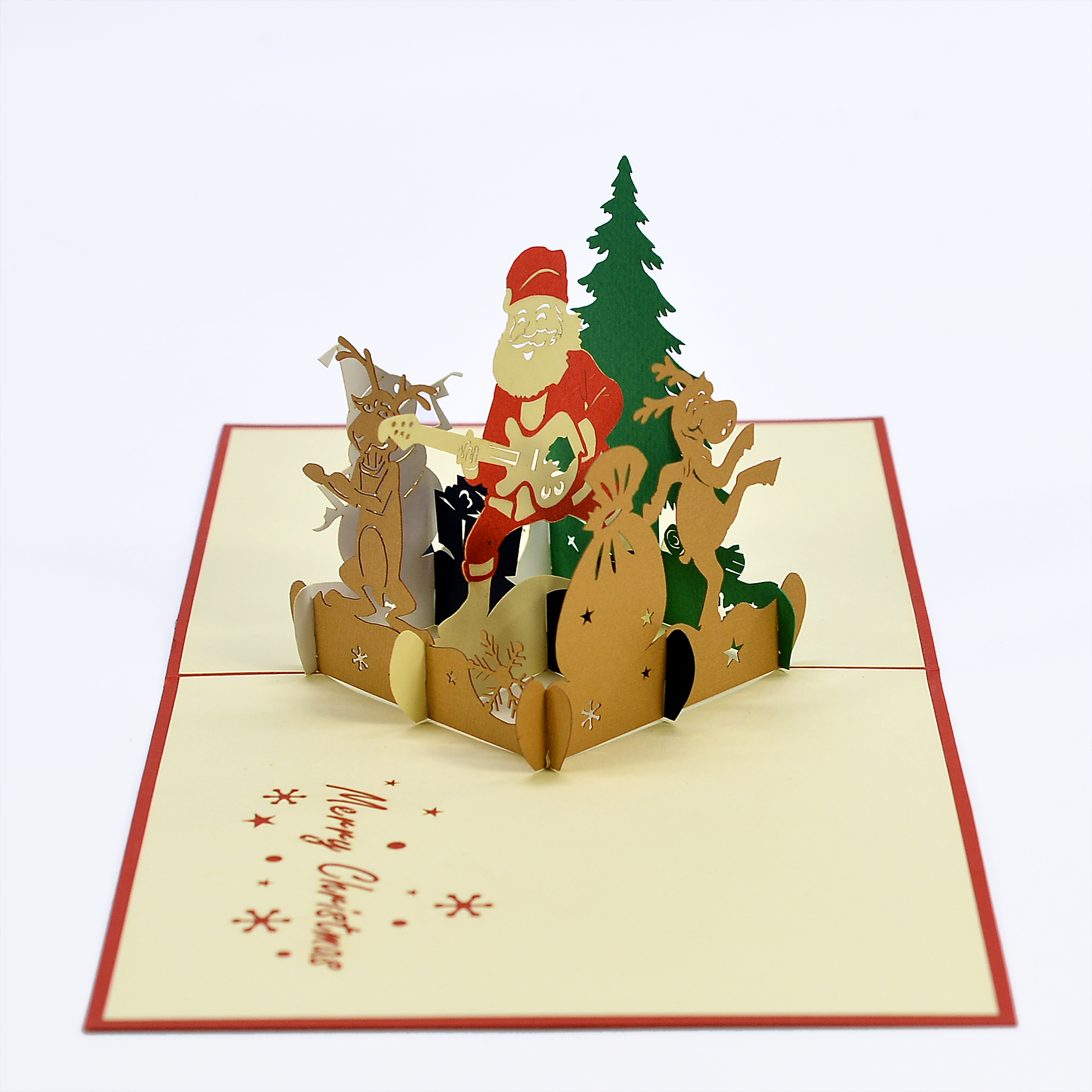 Thiệp nổi 3D handmade Christmas pop-up card, Ông già Noel chơi đàn cùng tuần lộc trong ngày Giáng Sinh CN096