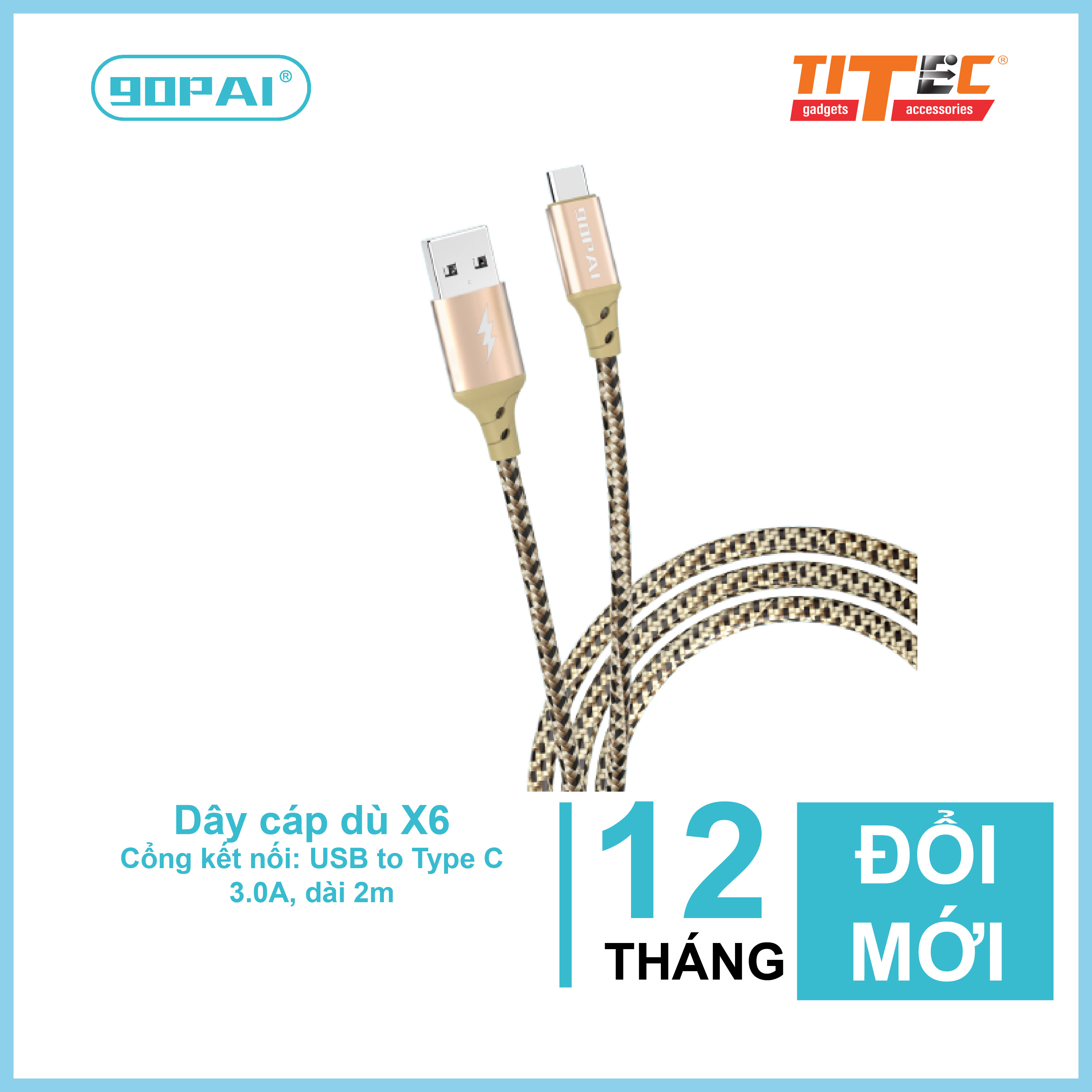 Dây cáp sạc và truyền dữ liệu thương hiệu 90PAI X4,X5,X6 chiều dài dây 2m, điện áp 3.0A, dây dù chống rối có thể uống cong hơn 10.000 lần - hàng chính hãng