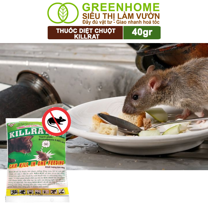 Thuốc Diệt Chuột Greenhome, Killrat, Bao 40gr, Thế Hệ Mới, Hiệu Quả, Diệt Cả Đàn, Giúp Nhà Sạch Sẽ, Bảo Vệ Vườn