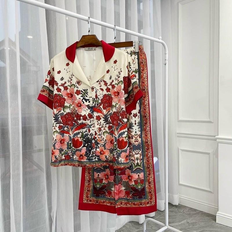 BỘ NGỦ -MẶC NHÀ TAY NGẮN LỤA CAO CẤP CHÙM HOA ĐỎ