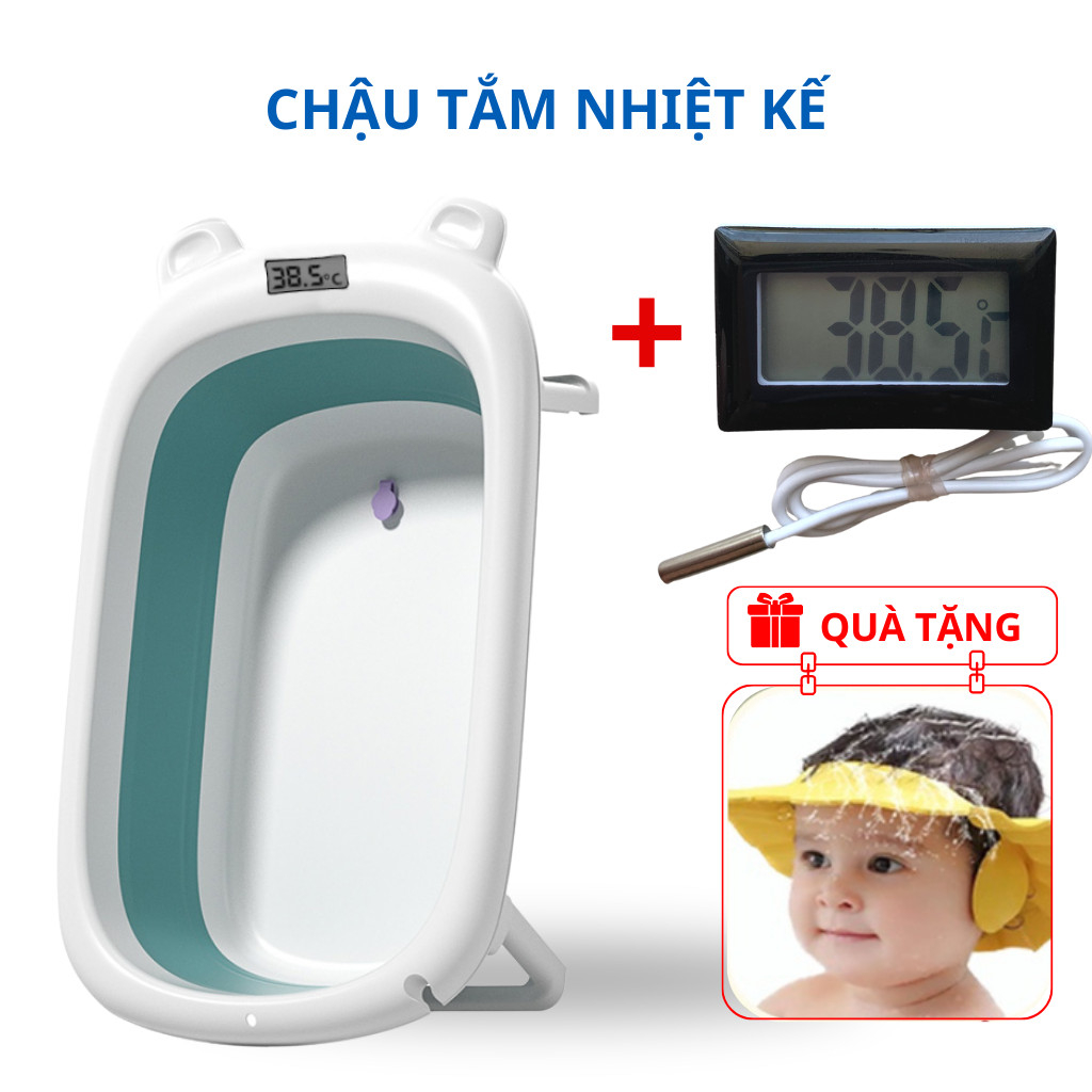 Bồn Tắm Cỡ Lớn Gấp Gọn có nhiệt kế Tiện Dụng Cho Bé Sơ Sinh, Chậu tắm gấp gọn cho bé kèm phao tắm lớn Thau Tắm Gấp Gọn