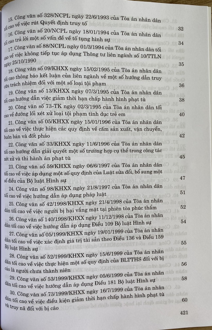 Hệ Thống Công Văn Hướng Dẫn Nghiệp Vụ Của Toà Án Nhân Dân Tối Cao Trong Lĩnh Vực Hình Sự Và Tố Tụng Hình Sự ( Từ năm 1987 đến năm 2023 )