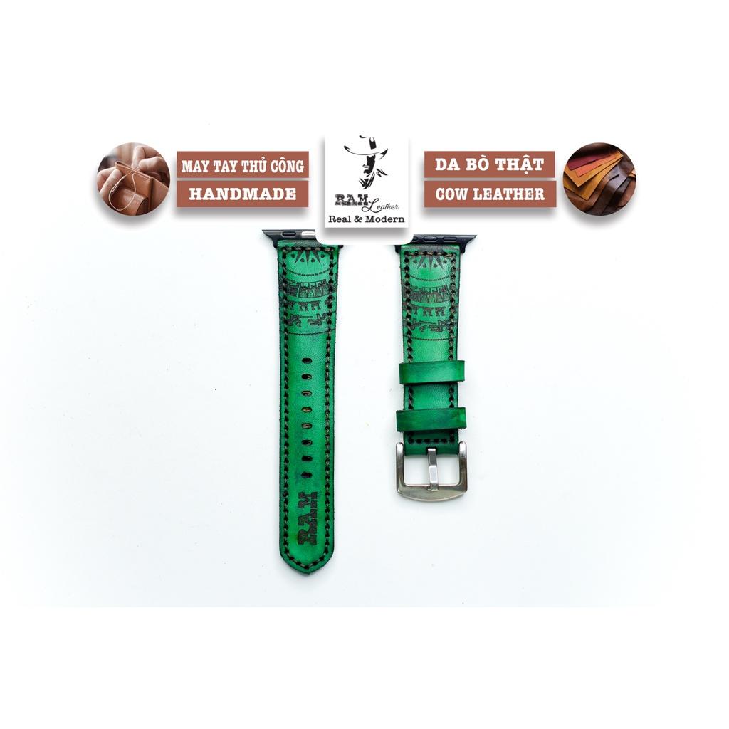 Dây đồng hồ da bò thảo mộc cao cấp xanh ngọc handmade bền chắc - chính hãng RAM Leather