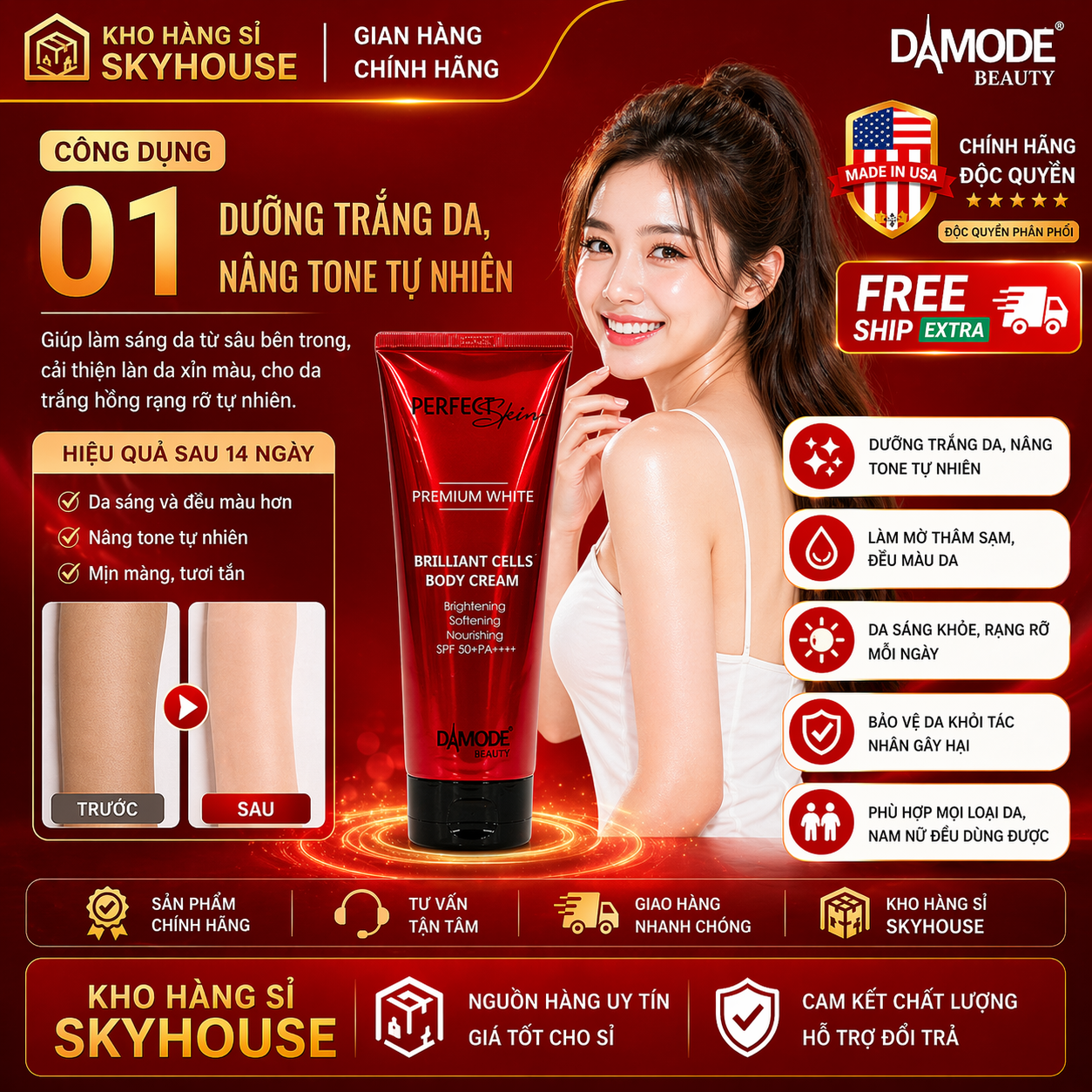 Kem body trắng da BRILLIANT CELLS DAMODE chai 180gr kem body dưỡng ẩm đều màu da chính hãng