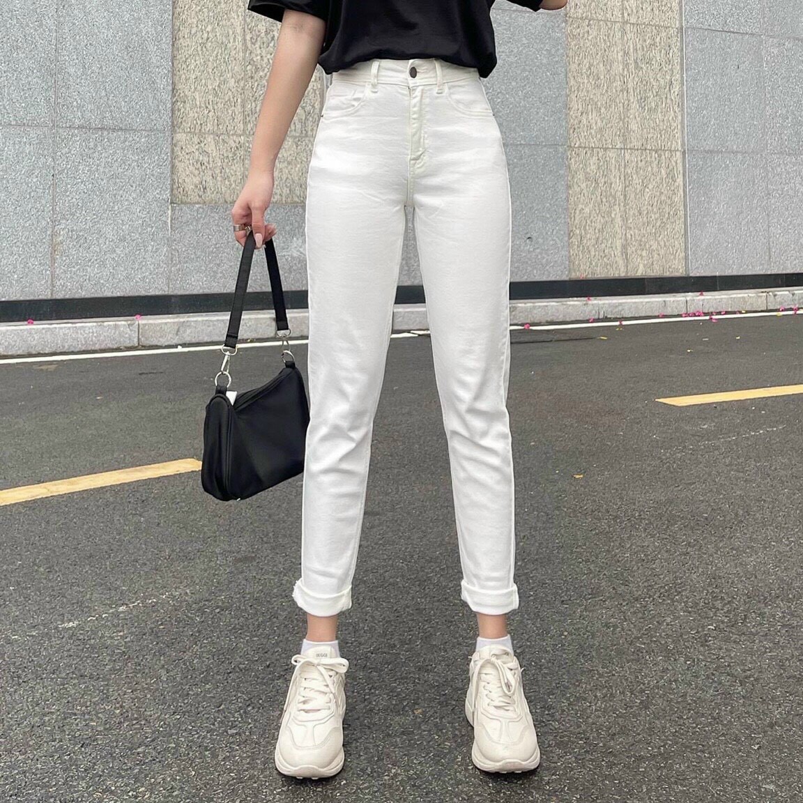 Quần jean nữ boyfriend baggy trơn dài đen và trắng co giãn HQJEANS