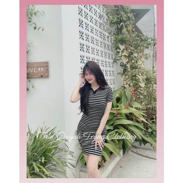 Váy,đầm body kẻ đen trắng cổ đức,cotton co dãn