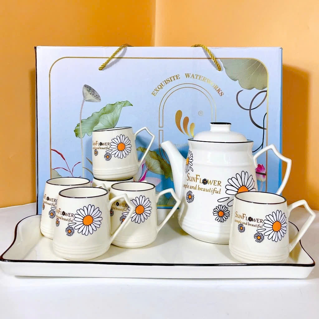 Bộ Ấm Trà Sứ Cao Cấp Kèm 6 Tách Trà + Khay Sứ Dày Dặn, Thiết Kế Tinh Tế Sang Trọng - HÀNG CHÍNH HÃNG MINIIN