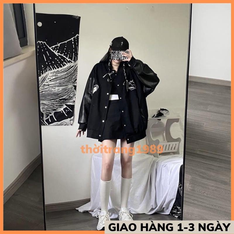 Áo Khoác Bomber Áo Bóng Chày Họa Tiết Trái Tim Lar Phối Tay Da Phong Cách Unisex THỜITRANG1989