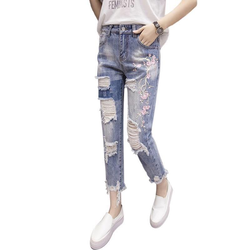 Embroidered hole jeans girls 2022 spring and summer new Korean version of high-waisted loose beggar rough-edged Harlan nine-cent pants - 9698