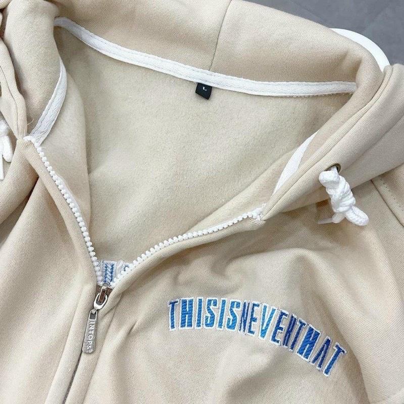 Áo Khoác Hoodie THISIS Vải Nỉ Kiêu Zip Kéo Phối Chữ Thêu Kèm Nón Rộng Phong Cách Ulzzang Hàn Quốc Hot Trend Mới