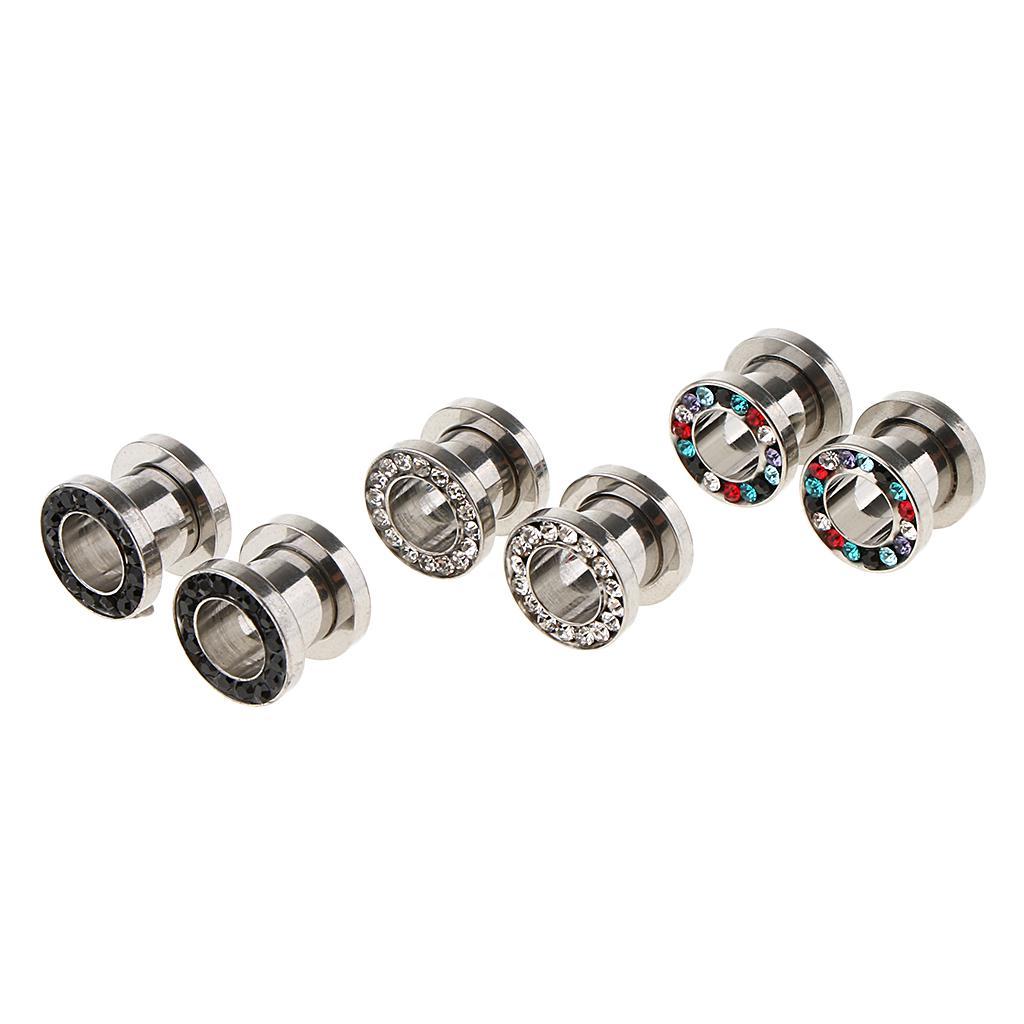 Set of 6 Ear Gauges Plug Expander Rhinestone Tunnel Piercing Jewelry 6mm