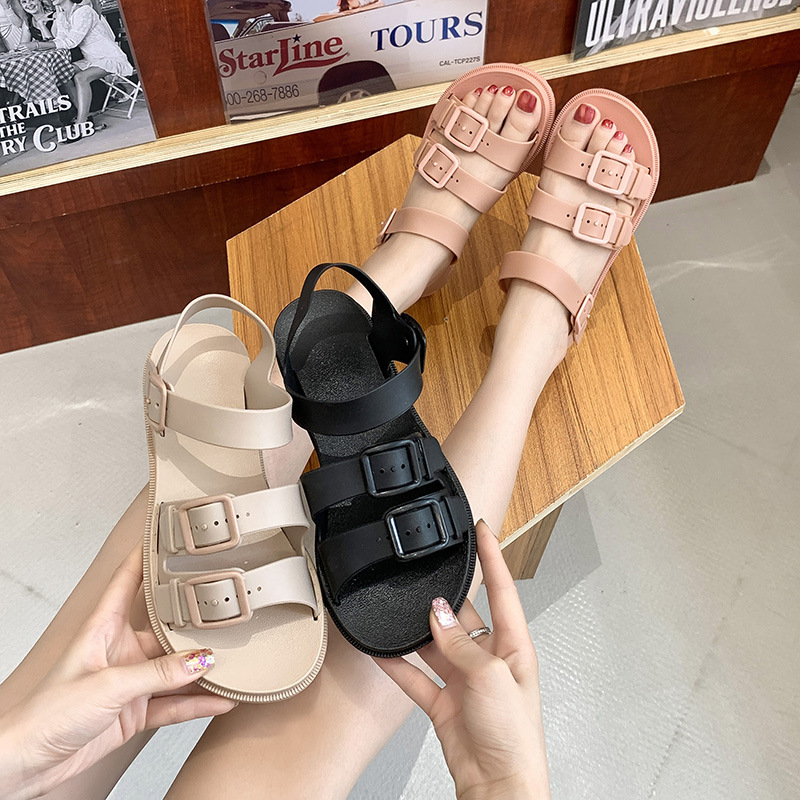 Giày Sandal nữ quai hậu có khuy cài chống nước cao su nhựa dẻo siêu bền đế bằng trống trơn trượt V326