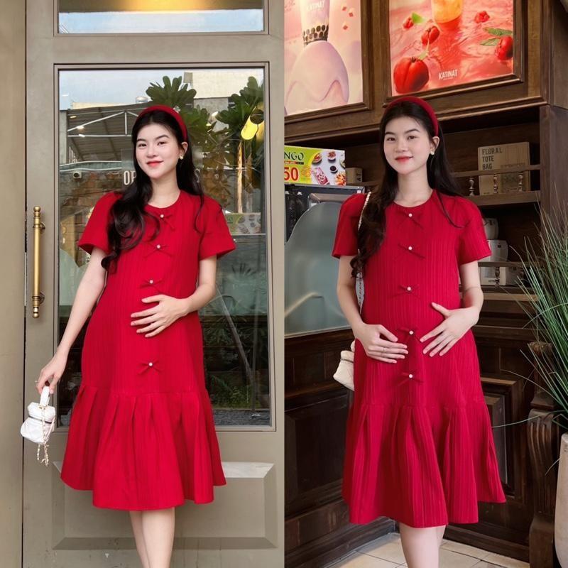 Đầm Bầu Đuôi Cá Xếp Ly Đính Nơ Ngọc Vải Xốp Hàn Xinh Xắn, Trẻ Trung - Xanh Biển