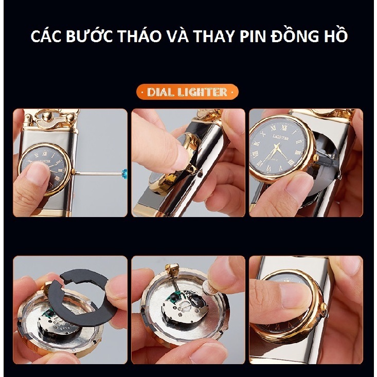 Hộp Quẹt Đồng Hồ, Bật Lửa Đồng Hồ tích hợp độc lạ sang trọng, Mạ Vàng 2 in 1