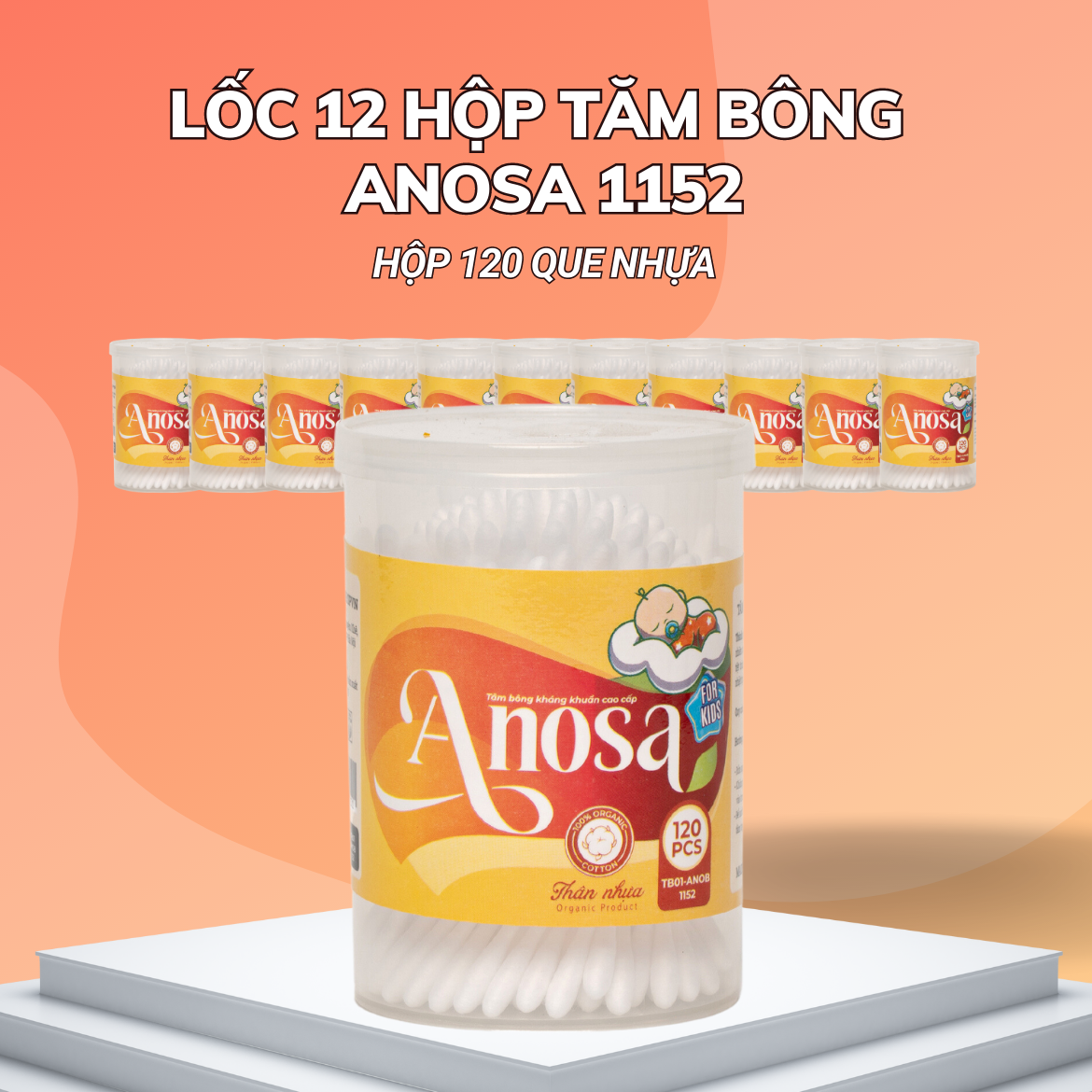 Lốc 12 hộp Tăm bông Anosa trẻ em thân nhựa hộp 120 que TB01-1152