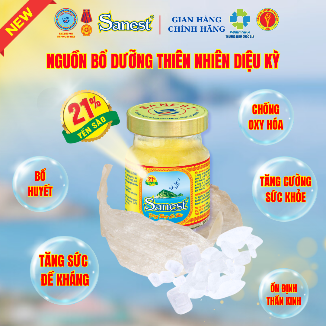 NEW [ Combo 10 lọ] Nước Yến sào Khánh Hòa Sanest 21% - Đông Trùng Hạ Thảo