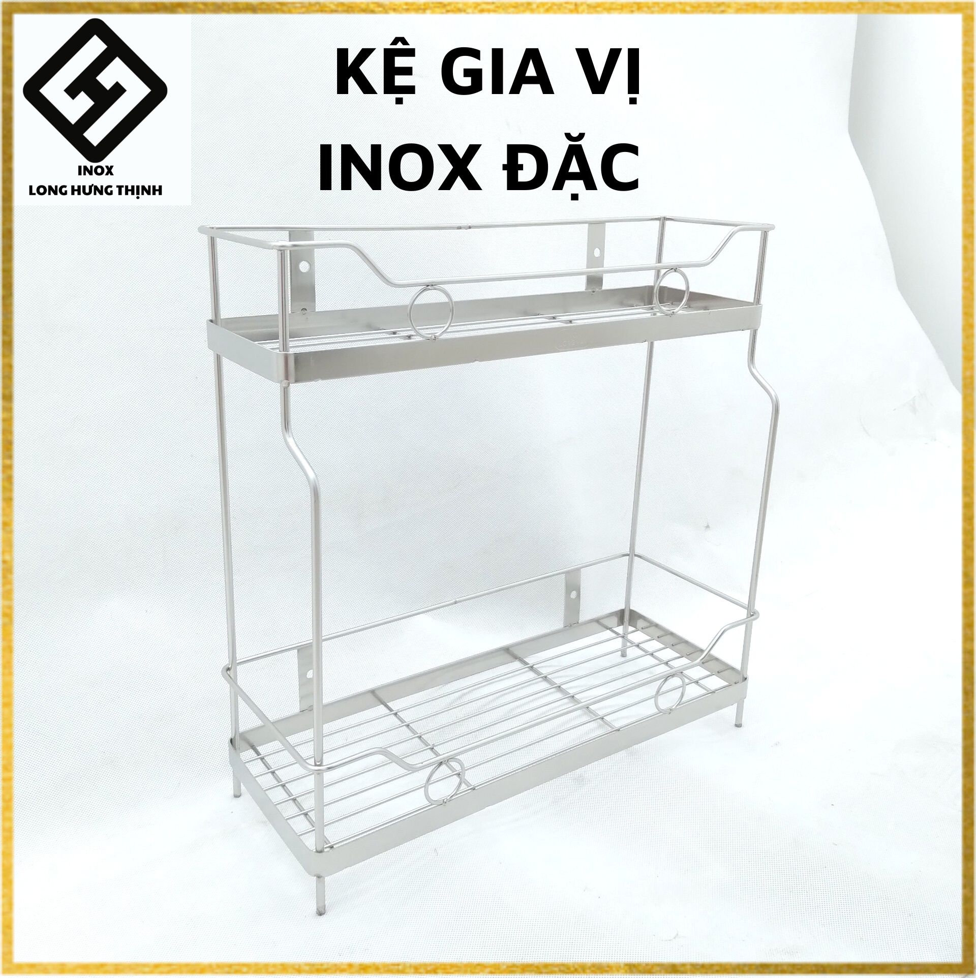 Kệ gia vị INOX Đặc cao cấp sáng bóng, thiết kế &quot;cầu thang&quot; 2 tầng, dụng cụ nhà bếp tiện lợi, Inox La, tặng kèm nút chân giúp cố định kệ, đựng hũ gia vị, dầu ăn, nước tương, nước mắm