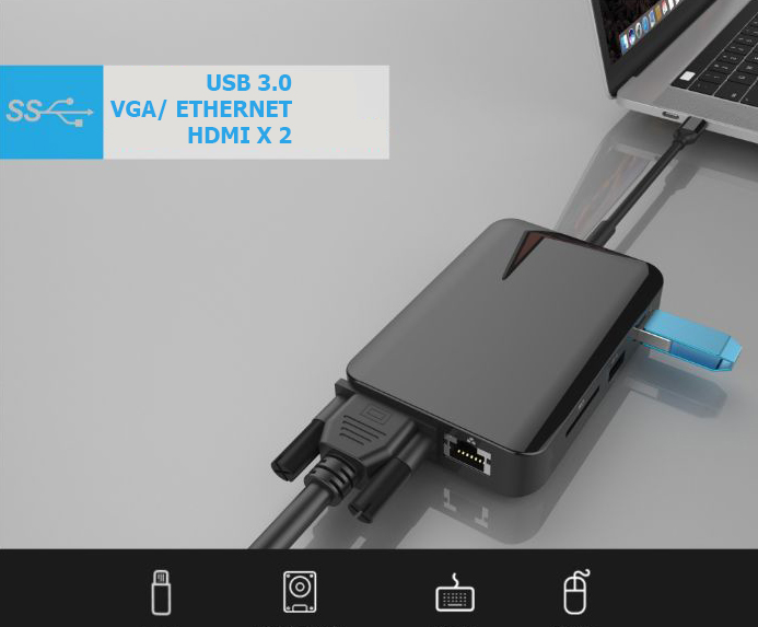 Hub USB Type-C đa chức năng HDMI/ VGA/ RJ45/ PD/ USB/ TF/ SD cho Macbook M1, Surface, Dell XPS