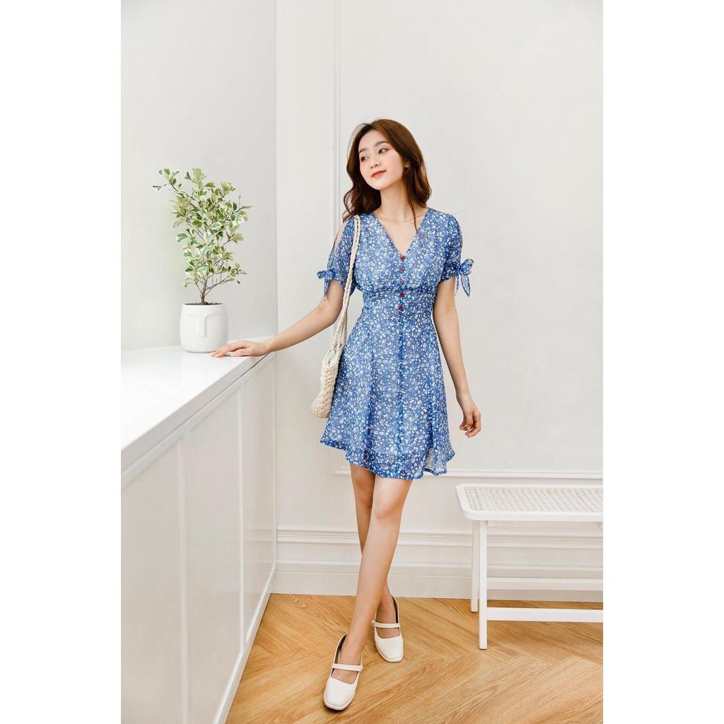 Đầm hoa nhí cổ V, Váy xanh dương ngắn Cao Cấp tay lỡ dáng xòe tôn dáng , mặc dự tiệc - MiNhi Fashion